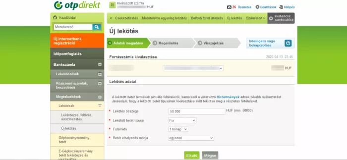 OTP netbank új lekötés képernyő