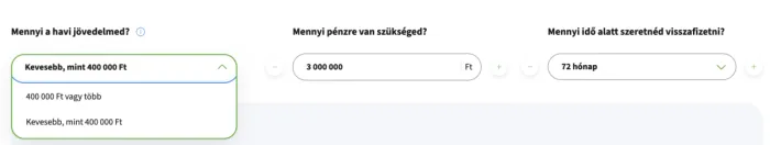 OTP személyi hitel igénylésnél kölcsön összege és futamidő mezők