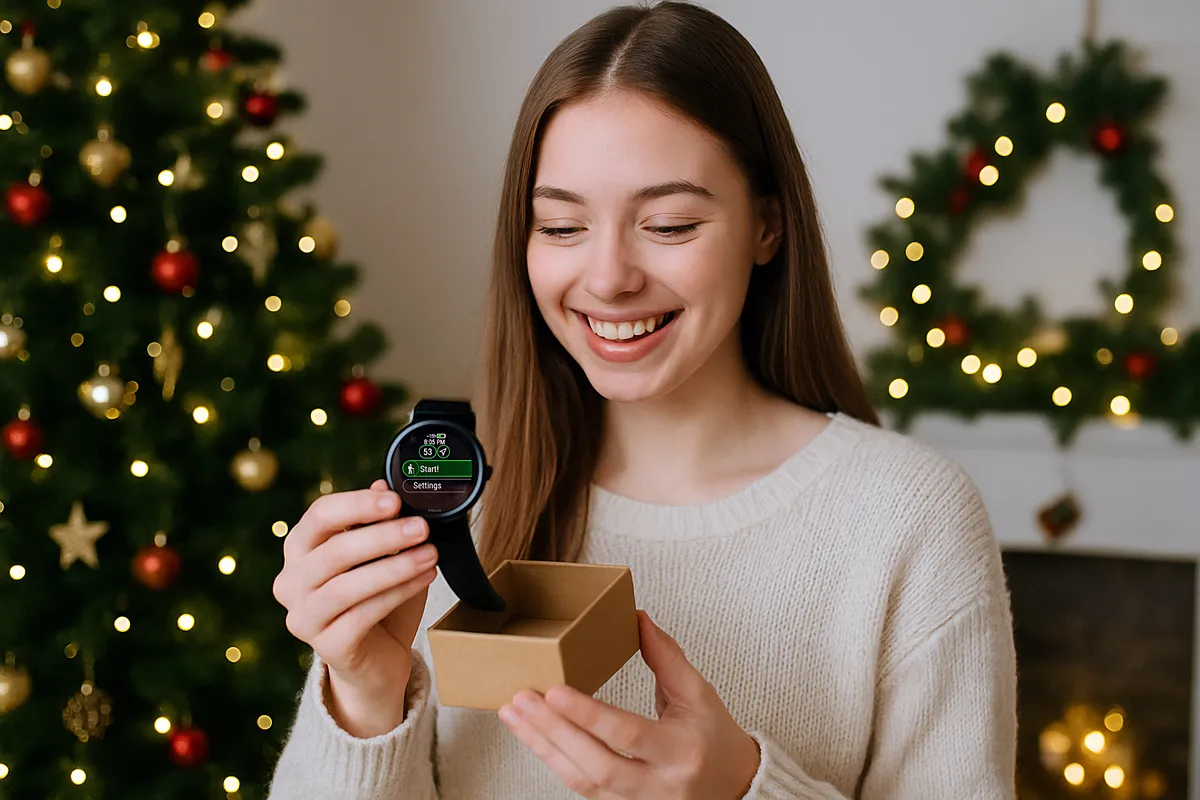 szép fiatal lány okosórát vesz ki dobozból karácsonyfa előtt