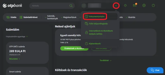 OTP direktbanki felületen a díjkimutatás innen tölthető le