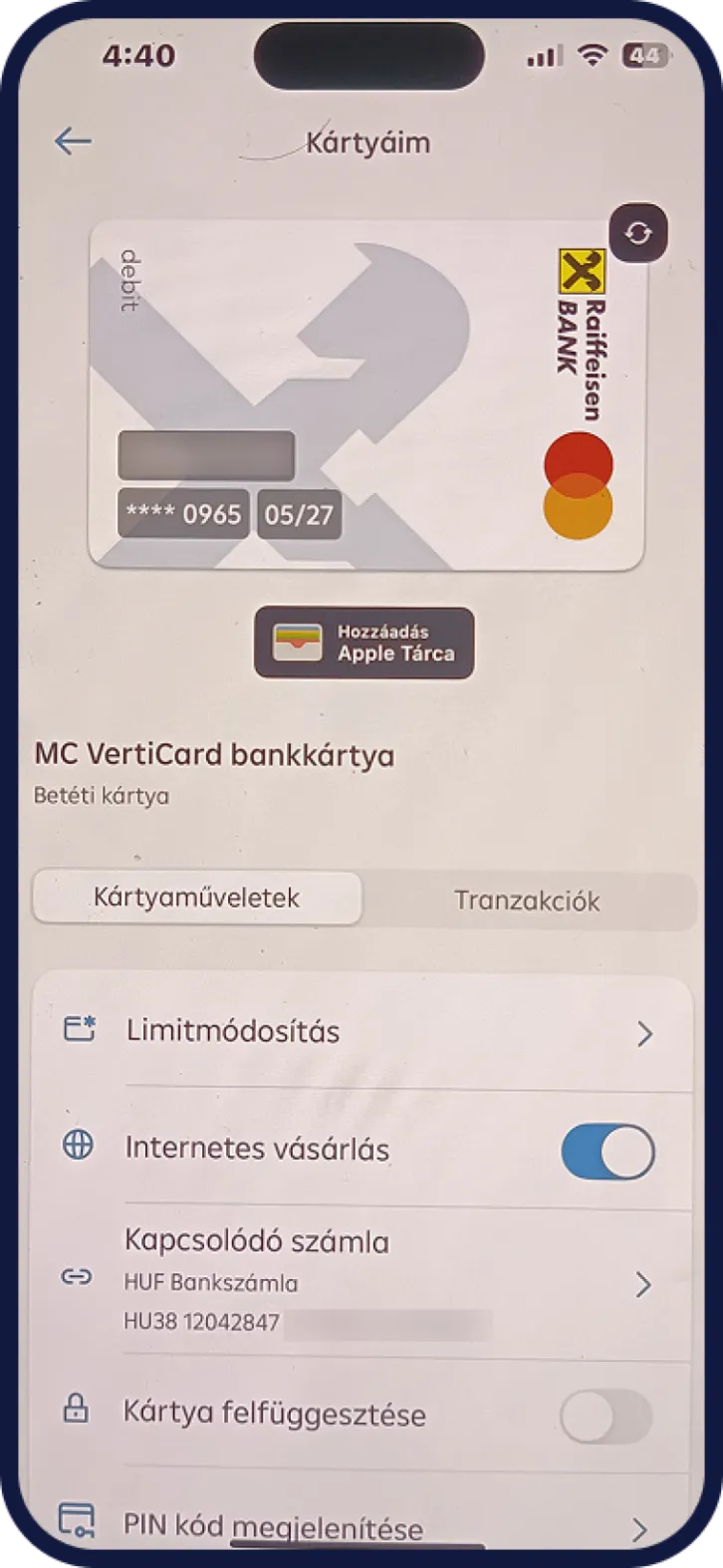 Bankkártya letiltási nézet Raiffeisen Bank mobilbankban