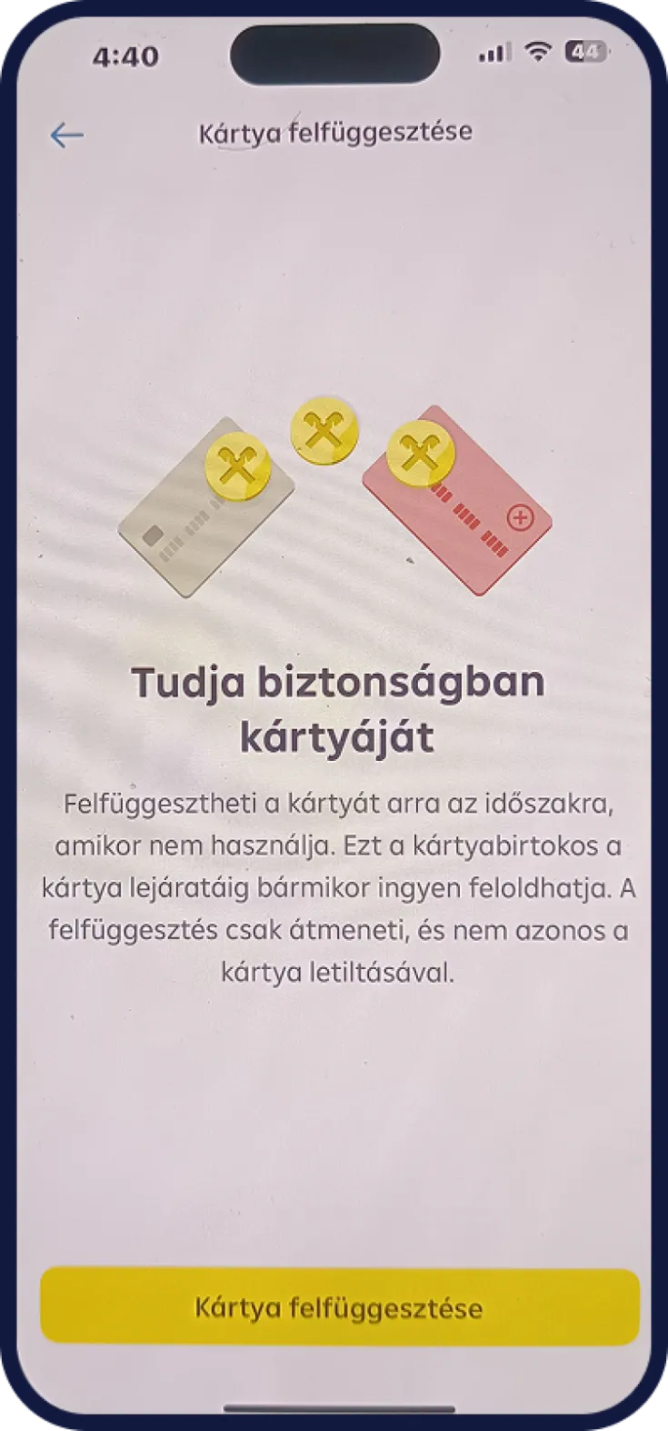 Bankkártya letiltási almenü Raiffeisen Bank mobilbankban
