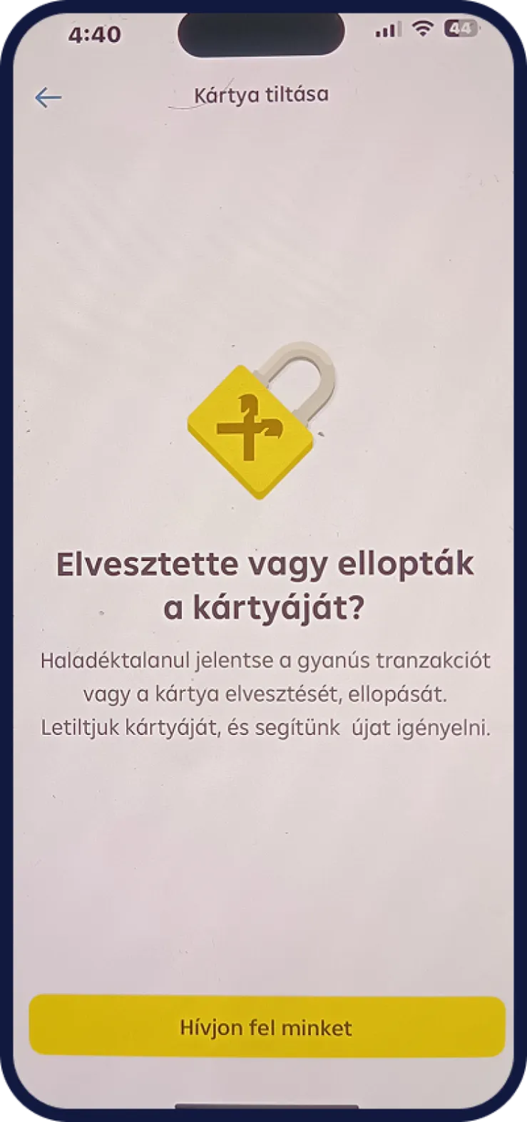 Bankkártya letiltási almenü Raiffeisen Bank mobilappban