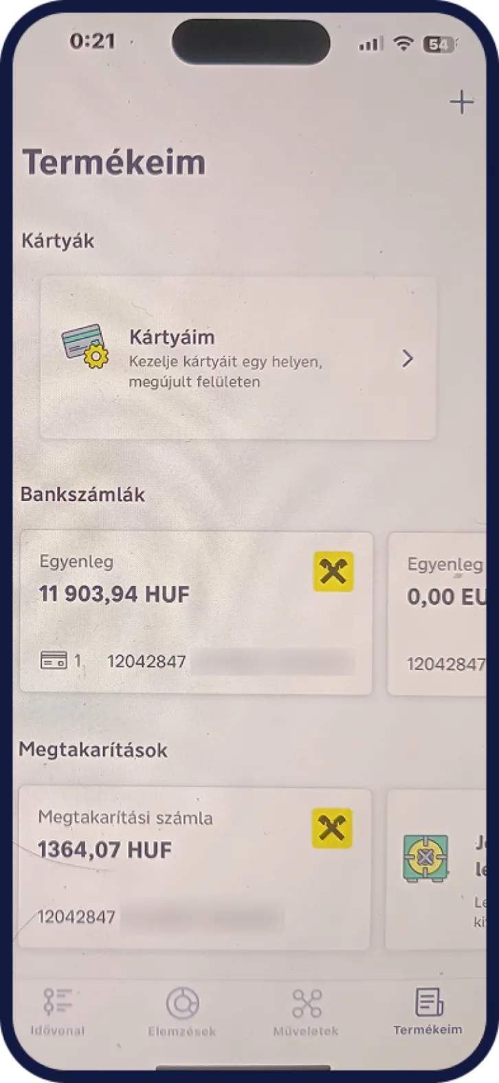 Raiffeisen mobilbank termékek áttekintő nézet