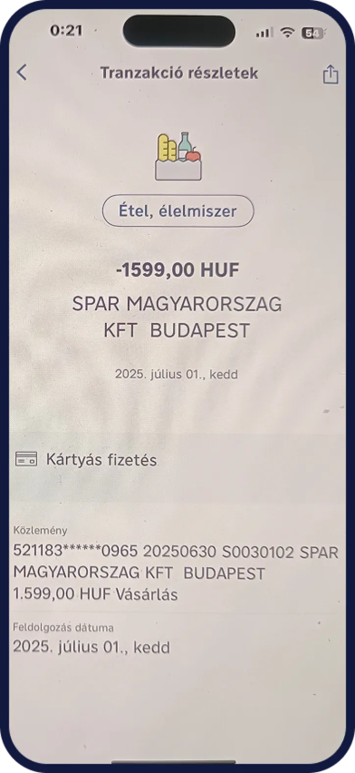 Raiffeisen számlán történt vásárlás részletek képernyő