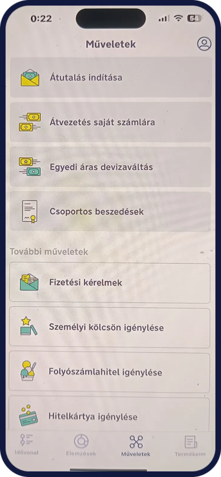 Raiffeisen bankszámláról indítható műveletek képernyő