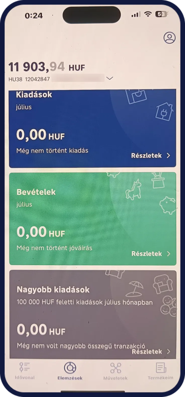 Raiffeisen költségvetés áttekintése nézet mobilon