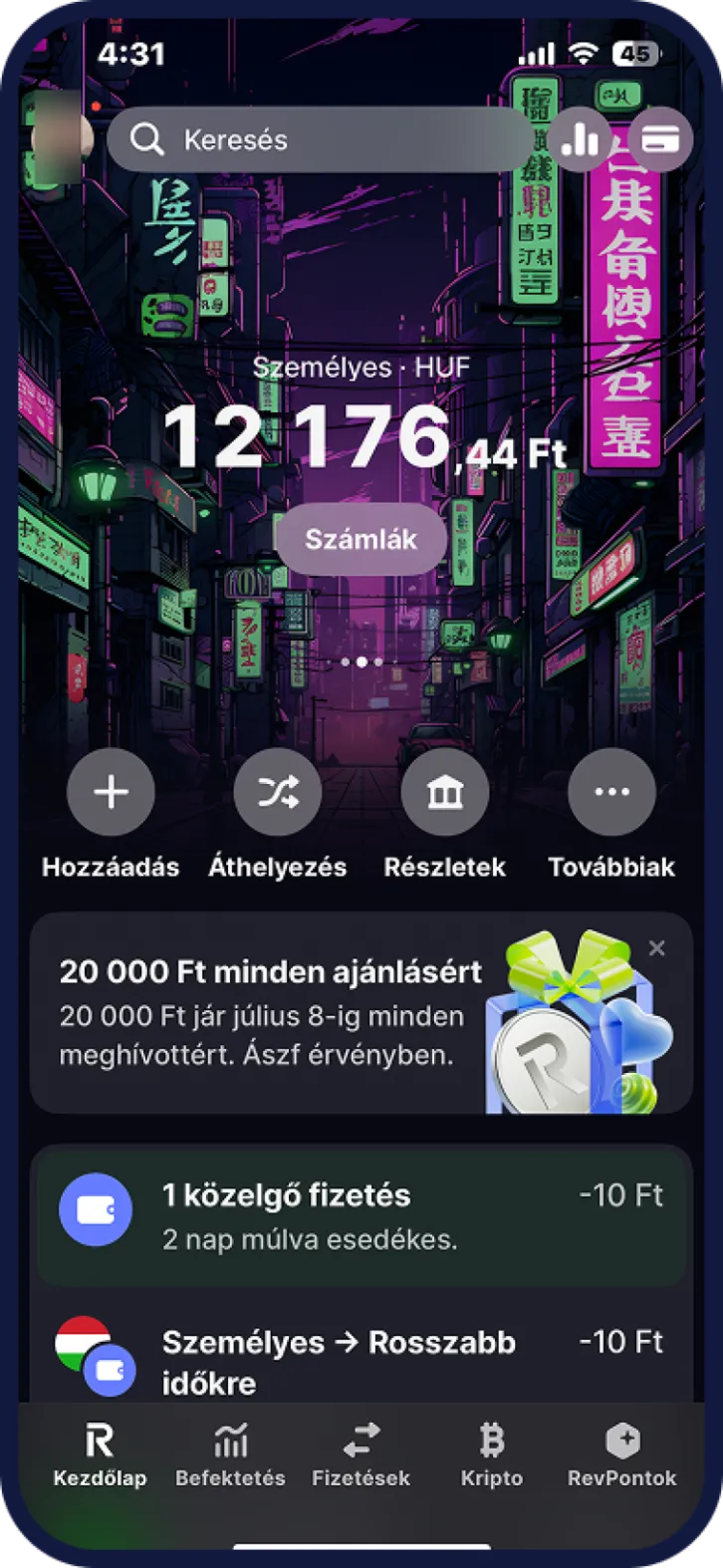 Bankkártya letiltási nézet Revolut Bank mobilappban