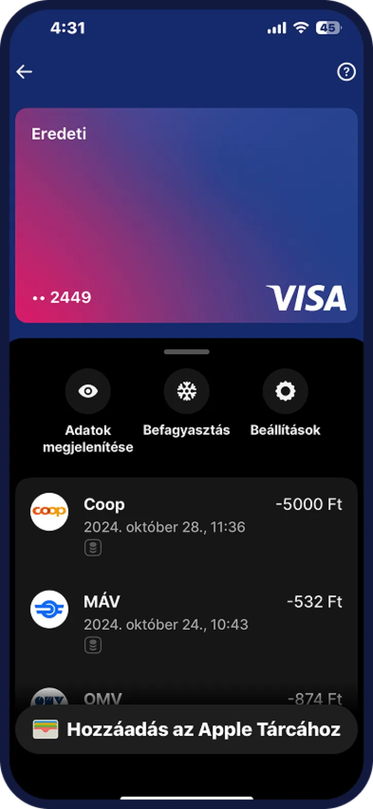 Bankkártya letiltási almenü Revolut Bank mobilappban