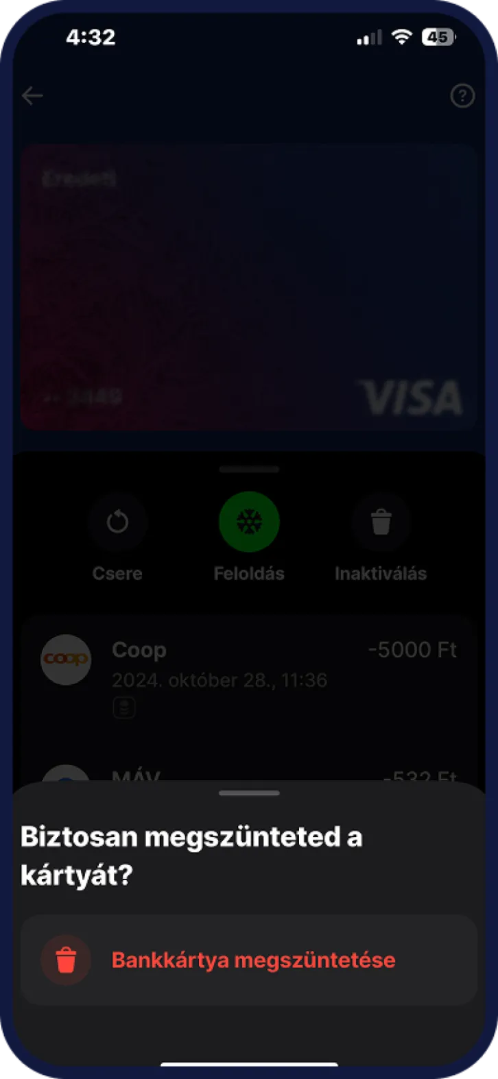 Bankkártya letiltás véglegesen Revolut Bank mobilappban