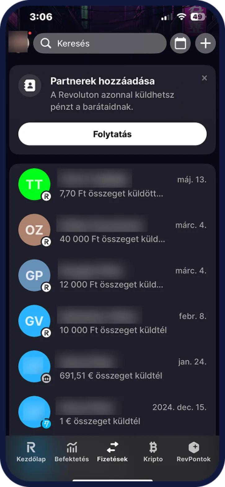 Revolut átutalás és pénzküldés képernyő