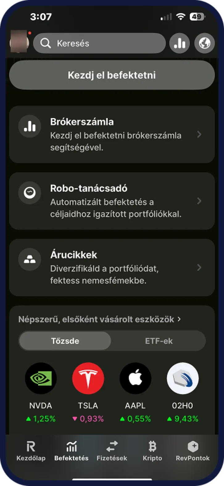 Revolut befektetések nézet