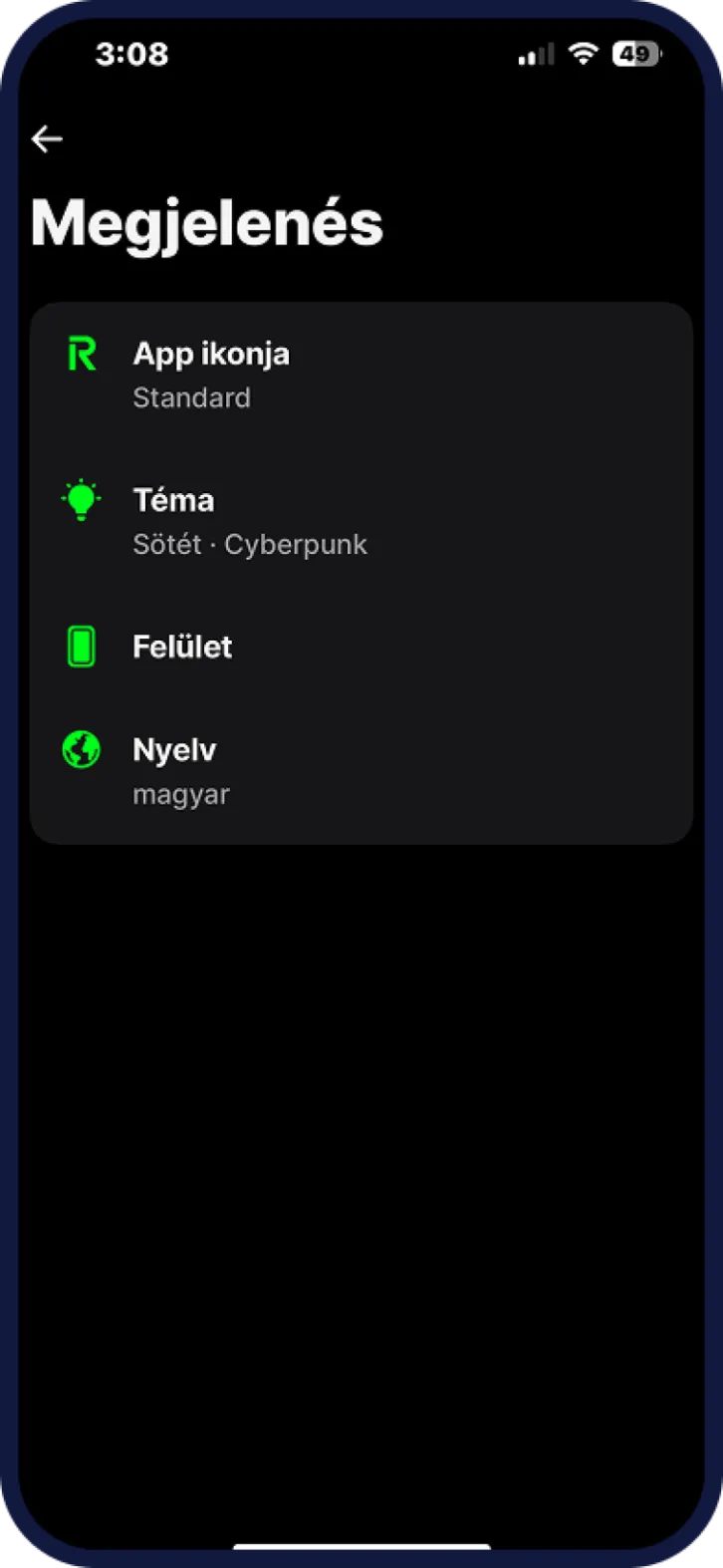 Revolut mobilbank Megjelenés nézet