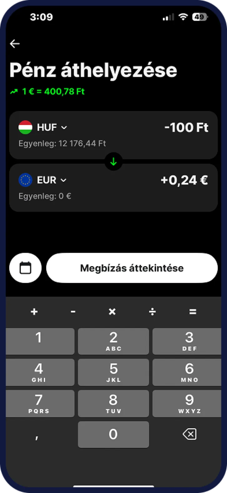 Revolut devizaváltás nézet