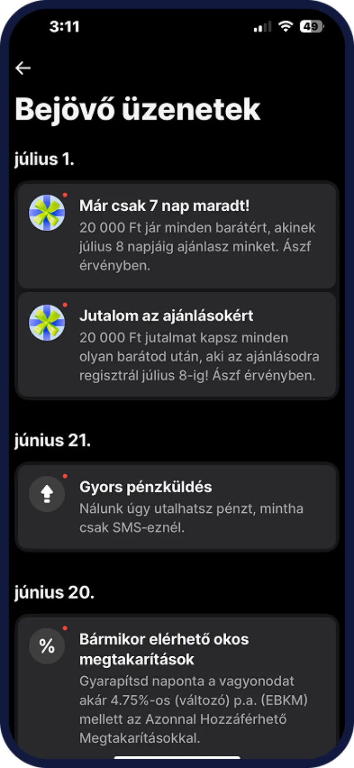 Revolut bejövő üzenetek képernyő