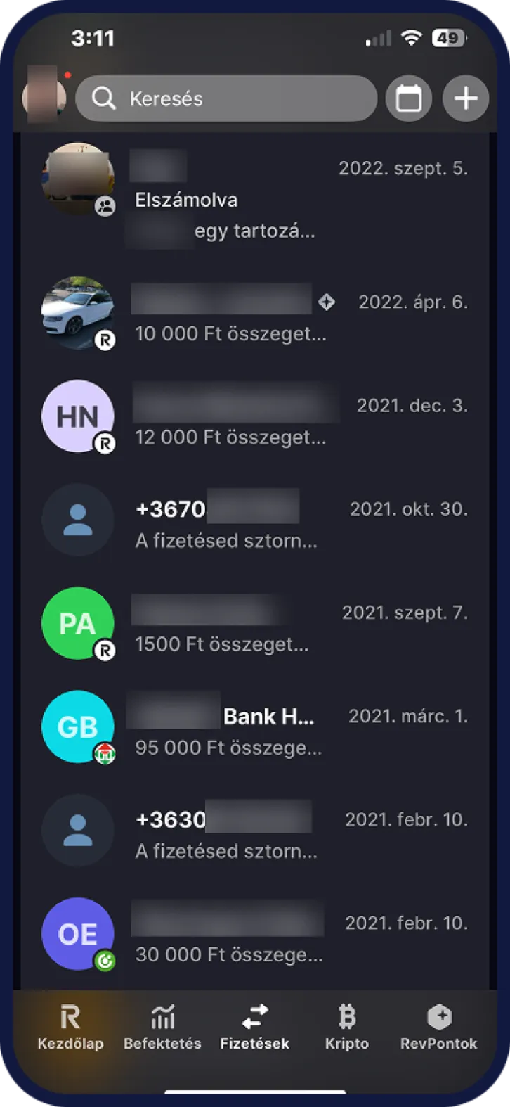 Revolut pénzkérés és pénzküldés képernyő