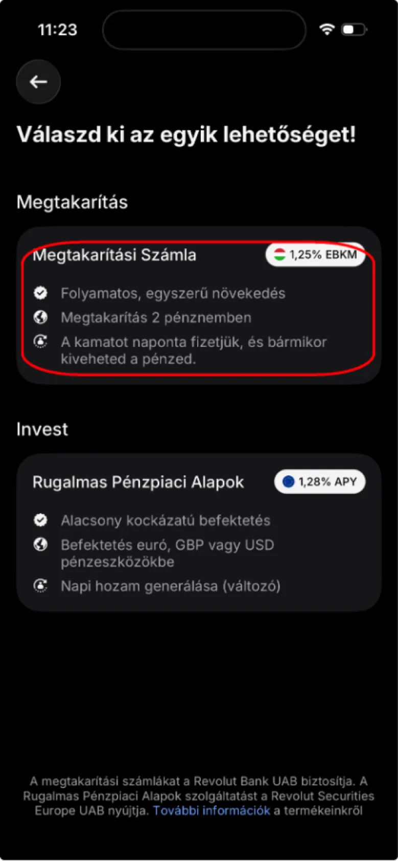 Revolut mobilappban megtakarítási számla