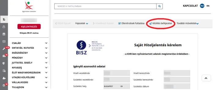 Kitoltés befejezése a saját hiteljelentés kérelem oldalon.