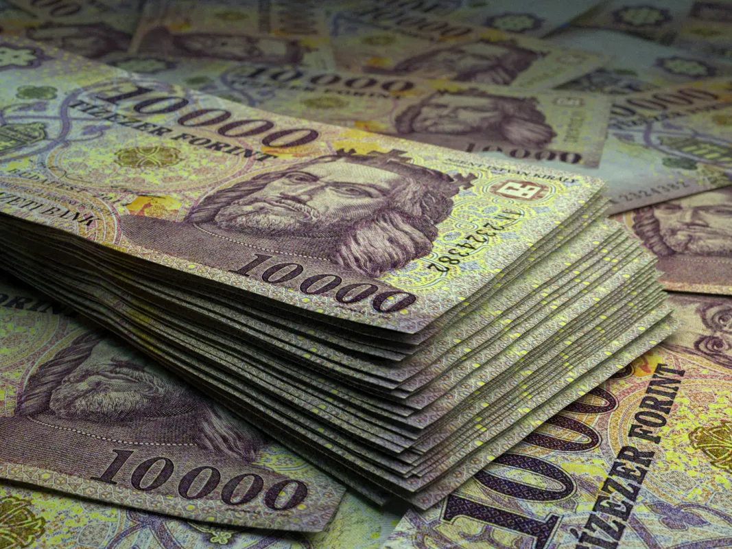 egy köteg tízezer forintos bankjegyek több tízezres szétszórva