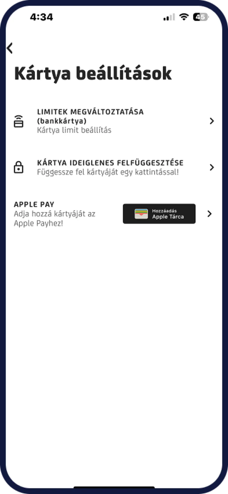 UniCredit mobilbank kártya letiltás képernyő