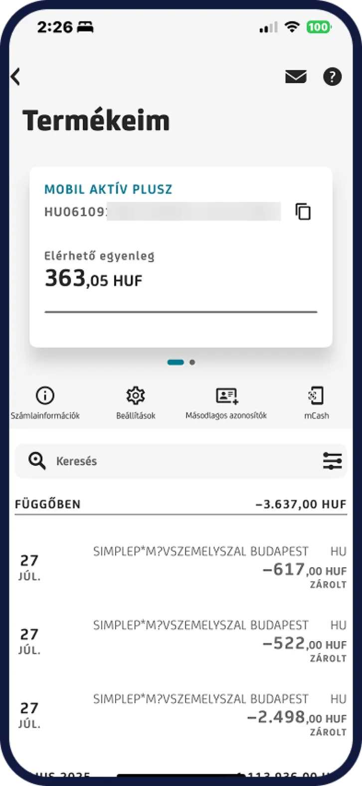 UniCredit bankszámla áttekintő nézet