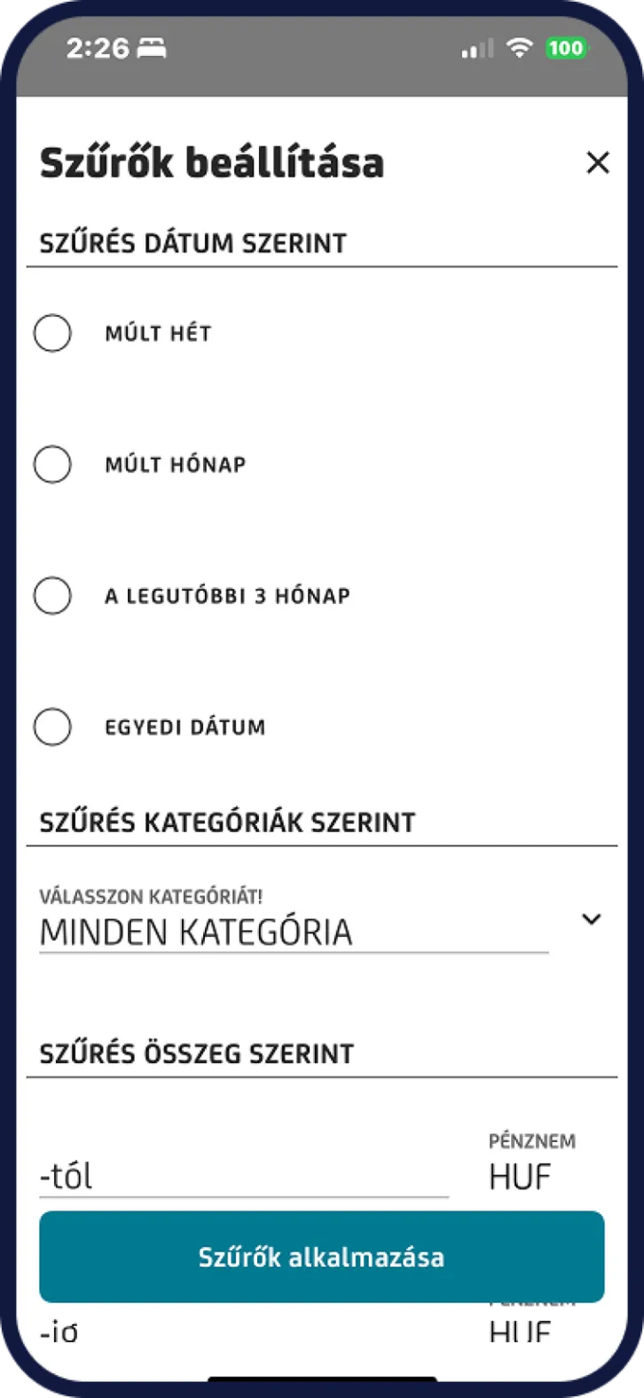 UniCredit mobilbankban itt lehet szűrőket beállítani