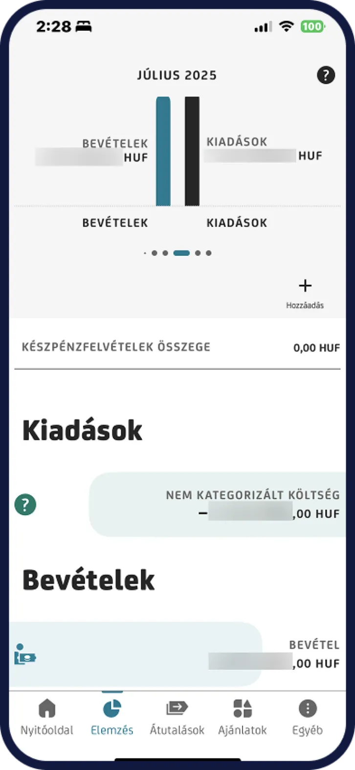 UniCredit bankszámla kiadások nézet