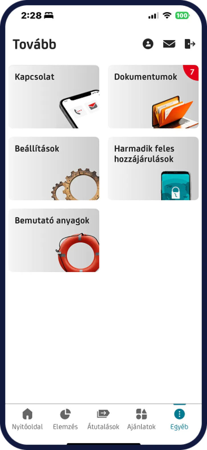 UniCredit főmenüpontok képernyő